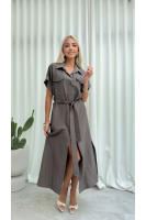 Sukienka Koszulowa Maxi Premium Wiązana w Pasie Elegancka Oversize Guziki Kieszenie - fango